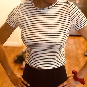 White and black striped high neck cropped top